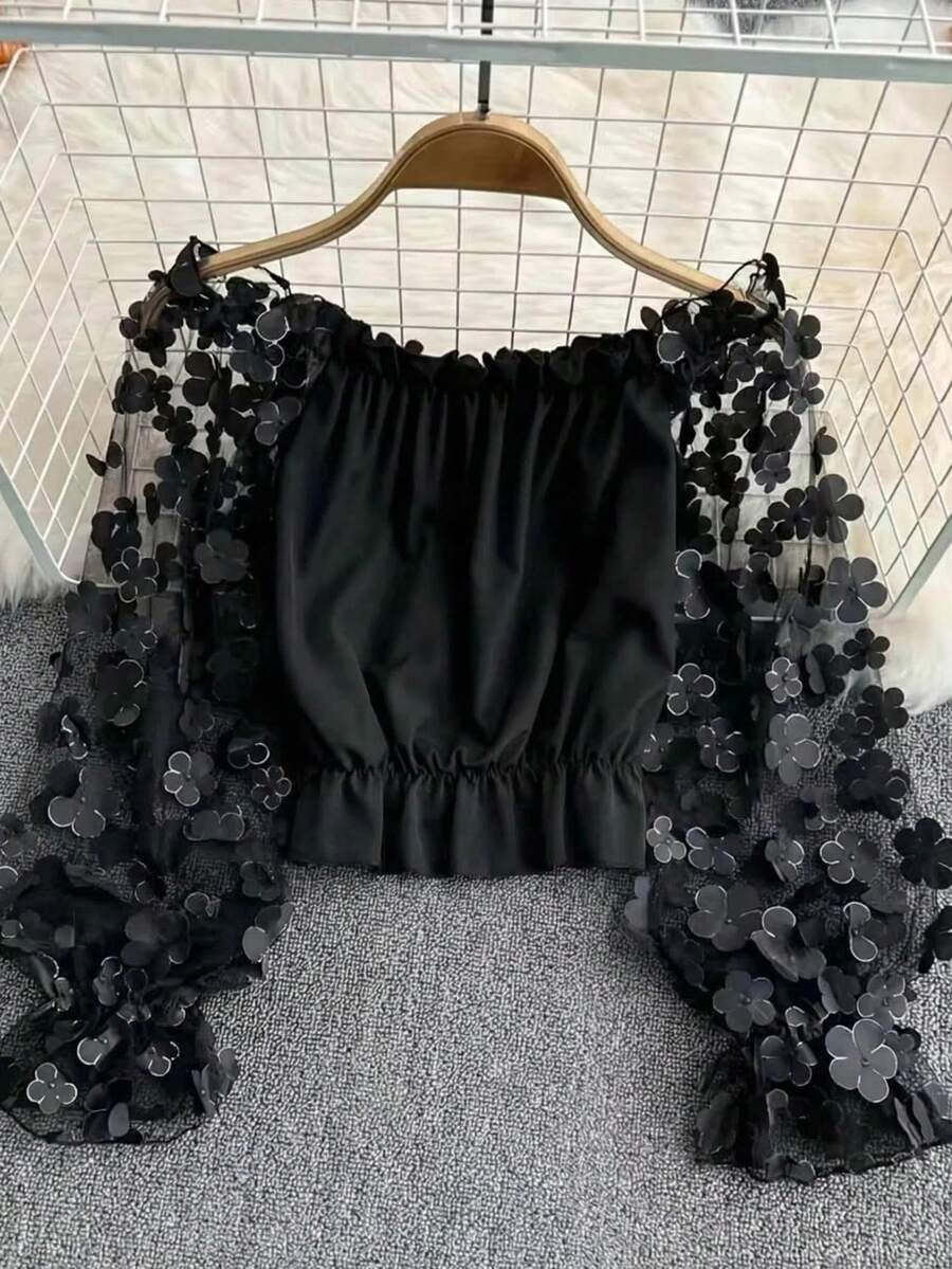 Cold-Shoulder 3D Floral Mesh Patchwork Chiffon Top, Loose Waist Stylish Cropped Cold-Shoulder Top For Summer Black - Black - View 1