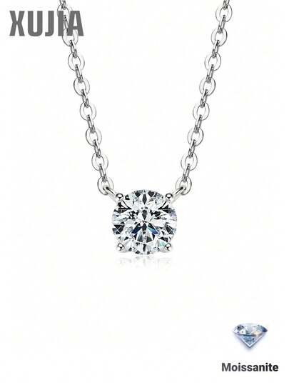 XUJIA 1 chiếc vòng cổ đá Moissanite tròn cổ điển 0.3ct/0.5ct, đường kính 4mm/5mm, dây bạc 925, dài 40+5cm, trang sức nữ, quà tặng kỷ niệm/sinh nhật.