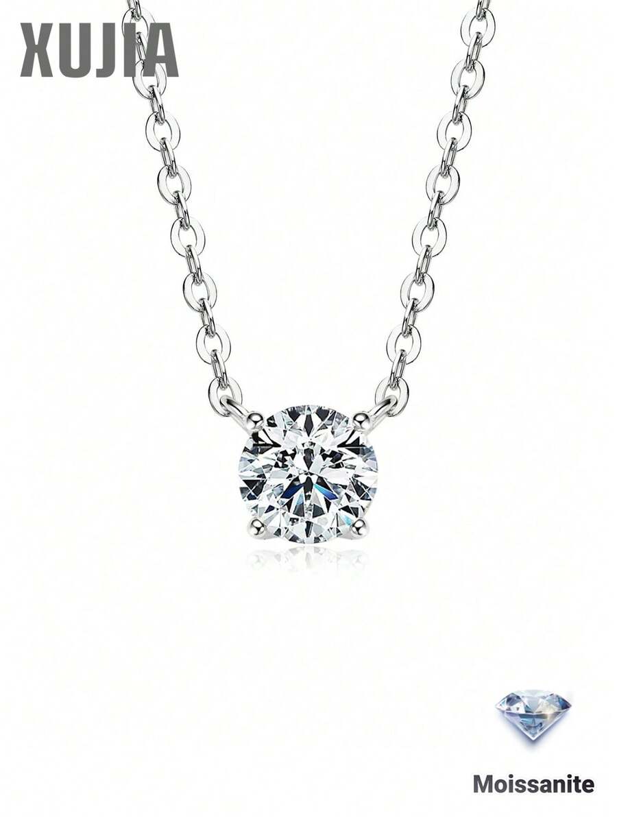 XUJIA 1 chiếc vòng cổ đá Moissanite tròn cổ điển 0.3ct/0.5ct, đường kính 4mm/5mm, dây bạc 925, dài 40+5cm, trang sức nữ, quà tặng kỷ niệm/sinh nhật.