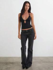 Womens Rivets Studded Halter Neck Plunge Cami Top Self-Tie Spaghetti Straps V-Neck Cut Out Front Crop Tank Top Camisole Vest Y2K Streetwear Party Tops - 黑色 - 查看 2