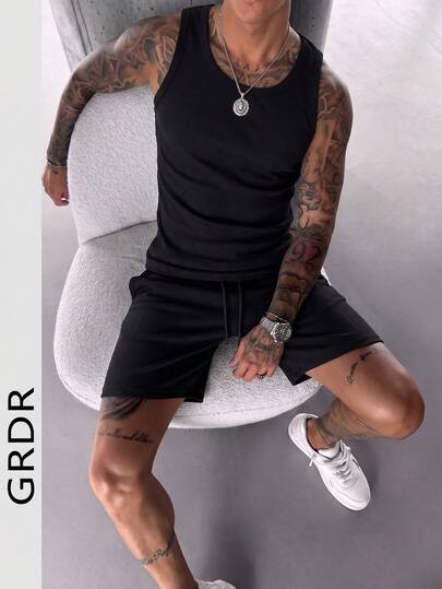  GRDR Men's Summer Solid Color Tank Top And Shorts 2 Pieces Set, Casual And Versatile