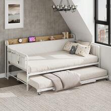 Conjunto contemporáneo de cama nido doble con cajón – Cabecero tapizado, luz LED, estación de carga, estructura de metal robusta – Sofá cama ideal para dormitorio, sala de estar, habitación de invitados – Hierro negro con respaldo de lino gris y tablero vintage. - Blanco - Ver 2
