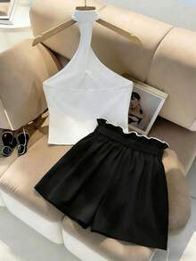 Conjunto de 2 piezas OULIS con top corto de tirantes con cuello cruzado y ribete de contraste, y shorts de cintura alta. Elegante estilo de viaje casual - Multicolor - Ver 2