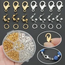 360 piezas/Caja Accesorios para hacer joyas, que incluyen 20 piezas de broches de langosta dorados y 20 piezas plateados, 30 piezas de terminales de cuentas, 30 piezas de cuentas de crimpado, 100 piezas de anillas de salto, adecuado para hacer joyas, cuentas, pulseras, collares, colgantes, suministros de manualidades DIY - Juego de accesorios (360 piezas) - Ver 3
