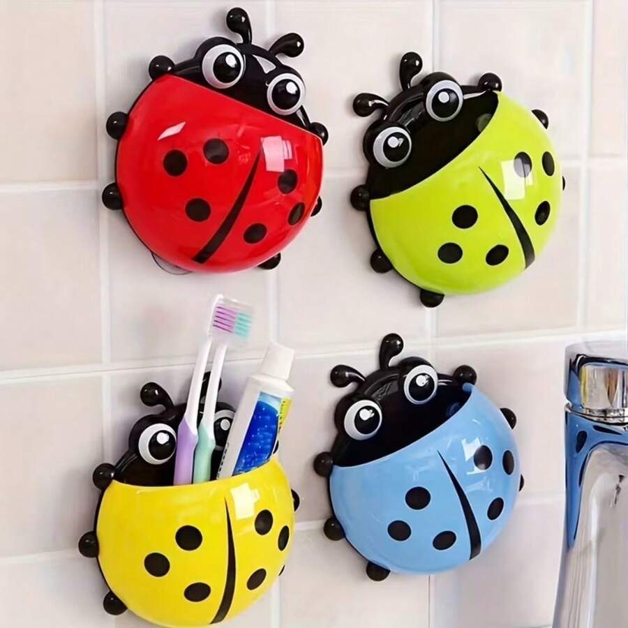 1pc Cute Ladybug Toothbrush Holder, No-Drill Wall-Mounted Draining Shelf, Fun Seven-Spot Ladybug Suction Cup Bathroom Organizer, Toothpaste And Facial Cleanser Plastic Storage Rack, Suitable For Bathroom, RV, Travel, Decorative Storage - Multicolor - View 1