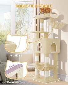 HEXCELEN 162CM Cat Tree For Indoor Cats, Cat Tower With Large Hiding Cave, Scratching Post With Large Platforms, Multi-Level Cats Activity Center, Sisal Rope, Hammock - Beige - View 3