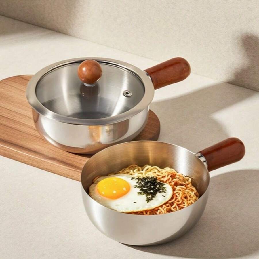 2pcs/Set (With Lid) Stainless Steel Pot, With Heat-Resistant Wooden Handle, Suitable For Induction Cooker Noodle Cooking, Non-Slip Wooden Handle, Even Heating Bottom, Suitable For Dorm, Office, RV, Small Kitchen And Single Person Cooking