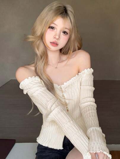 精致薄纱珍珠针织露肩毛衣，杏色，女士款