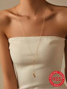 SYMFNY 1pc 925 Sterling Silver Minimalist Round Bead Pendant Adjustable Tassel Hanging Multi-Way Long Necklace Sweater Chain Or Back Chain - Yellow Gold - View 1