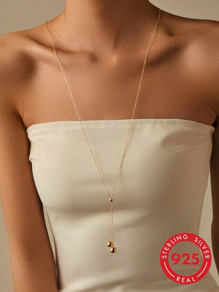 SYMFNY 1pc 925 Sterling Silver Minimalist Round Bead Pendant Adjustable Tassel Hanging Multi-Way Long Necklace Sweater Chain Or Back Chain - Yellow Gold - View 1