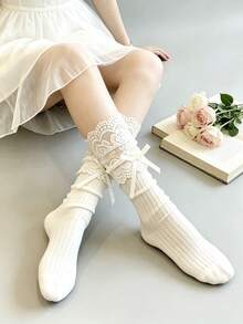 1双蕾丝蝴蝶结过膝袜，高弹力不勒腿，蝴蝶结中筒袜，洛丽塔公主风薄款透气中筒袜，甜美洛丽塔芭蕾舞风百搭中筒袜 - 白色 - 查看 2