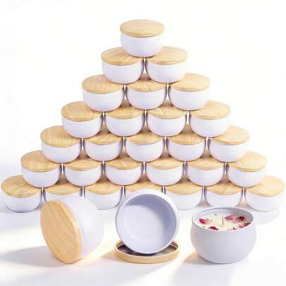 46个白色哑光蜡烛罐，带木纹盖，适用于蜡烛制作、DIY工艺品、家居装饰、储物容器，包含6个空蜡烛罐、6个烛台、14根烛芯和20张贴纸。