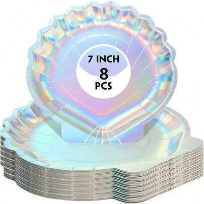 1/8 Set Holographic Mermaid Shell Paper Plates, Rainbow Mermaid Theme Party Supplies, Suitable For Summer Birthday Party, Baby Shower, Wedding And Various Gatherings, Mermaid Theme Birthday Party Decorations And Tableware Set "Underwater World" Theme Party Supplies