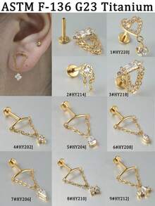 1 chiếc khuyên tai mặt dây chuyền thanh cong bằng titan G23, đính đá CZ Zirconia, đáy phẳng, ren trong, mạ vàng 18K, thích hợp cho xỏ khuyên sụn tai, vành tai, môi. - vàng titan - Xem 9