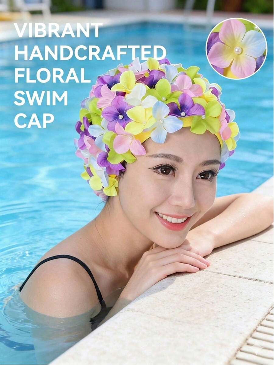 1pc Adult Women Swimming Cap, Double-Layer Twist Flower Swim Hat, Comfortable Non-Tight Ear Protection, Must-Have Swim Cap For Beach And Pool, Suitable For Lightweight, Soft, Stylish Swim Hat, Perfect For Swimming, Pool Parties, Water Activities - Multicolor - View 1