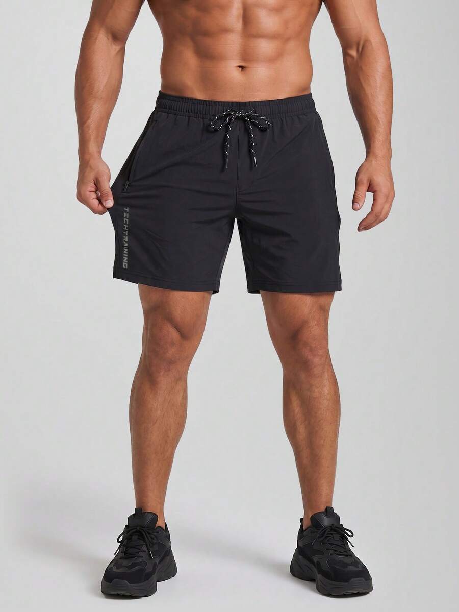 CZRLHYT Men's Loose Quick-Dry Sports Shorts With Reflective Letter Design, Zipper Pockets And Drawstring Waist, Suitable For Fitness, Running And Outdoor Activities - Black - View 1