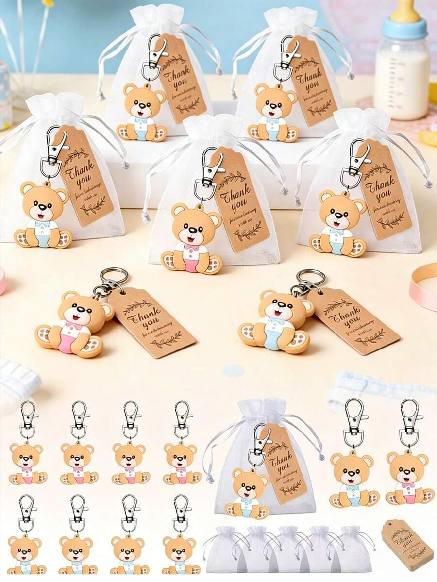 Bộ quà tặng tiệc hình gấu 15/30/60 món, bao gồm móc khóa hình gấu, túi vải organza, thẻ cảm ơn theo chủ đề tiệc, thích hợp cho lễ rửa tội, tiệc tiết lộ giới tính, tiệc cưới, tiệc sinh nhật, tiệc mừng em bé, trang trí phòng.