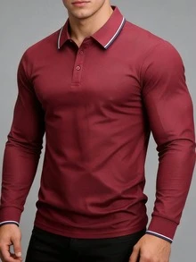 Men's Contrast Collar Long Sleeve Casual Business Commute Polo Shirt, Spring/Autumn - Red - View 11