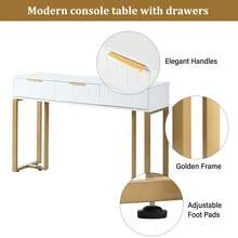 Modern Console Table With Drawers, Gold Frame, Adjustable Feet And Elegant Handles (White + Gold) - White + Gold - View 11