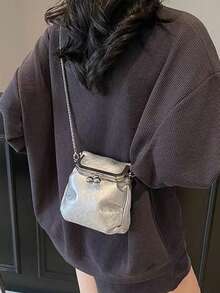 优雅银色软皮小众设计包,时尚夏季百搭链条单肩包,轻便斜挎手机包 - 銀色 - 查看 5