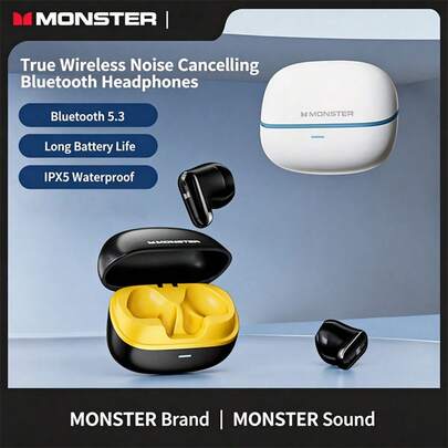  Monster GT19 Short Stem True Wireless Earbuds, Semi-In-Ear, HiFi Sound, Noise Cancelling, Long Battery Life For Sports, Running & Gaming