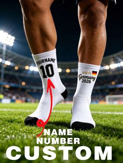 1pc Customized Name & Number Germany 2026 Flag & Star Print Soft Elastic Breathable Comfortable Sports Crew Socks, Suitable For Football Training, Match, Daily Wear, Ideal Gift For Football Fan Boyfriend, Husband, Son, Friend