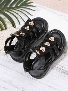 1 Pair Girls' Roman Sandals, Solid Color Soft Multi-Layer Criss-Cross Straps + Shiny Heart-Shaped Rhinestone Buckle Decor, Round Toe Open Toe Elastic Non-Slip Platform Sole, Heel Zipper Design, Fashion Sweet Princess High-Top Sandals, Suitable For 3-12 Years Old Girl Students Daily, School, Festival, Performance, Travel, Vacation, Spring/Summer New Arrival - Black - View 6
