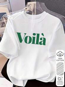 Questa maglietta girocollo in 100% puro cotone presenta una grafica audace con la scritta "Voilà". Stile francese elegante, morbida e traspirante, perfetta per appuntamenti, uscite e uso quotidiano. - Bianco - Visualizzare 7