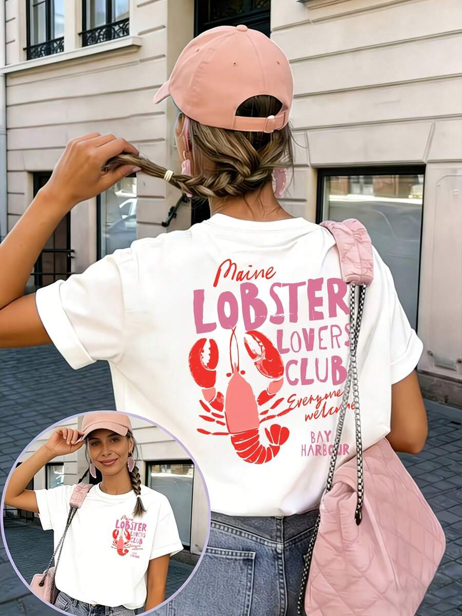 Damtoppar 2026 Damstrand-T-shirt med - & bokstavstryck fram/bak – Kortärmad, avslappnad sommarblus, lämplig för resor, semesterkläder, kuststil, maskintvättbar, inte en T-shirt för vår-/sommarkläder för kvinnor - Vit-2 - Visa 1