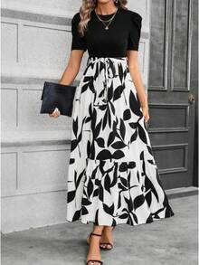 Women's Printed Maxi Dress Short Puff Sleeve Crew Neck Tie Waist Casual Long Dress For Daily Wear Party - 白色 - 查看 3