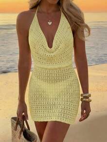 Women's Summer Beach Solid Color Sexy Hollow See-Through Knit Beach Backless Halter Short Cover-Up Dress Vacation - Light Yellow - View 2