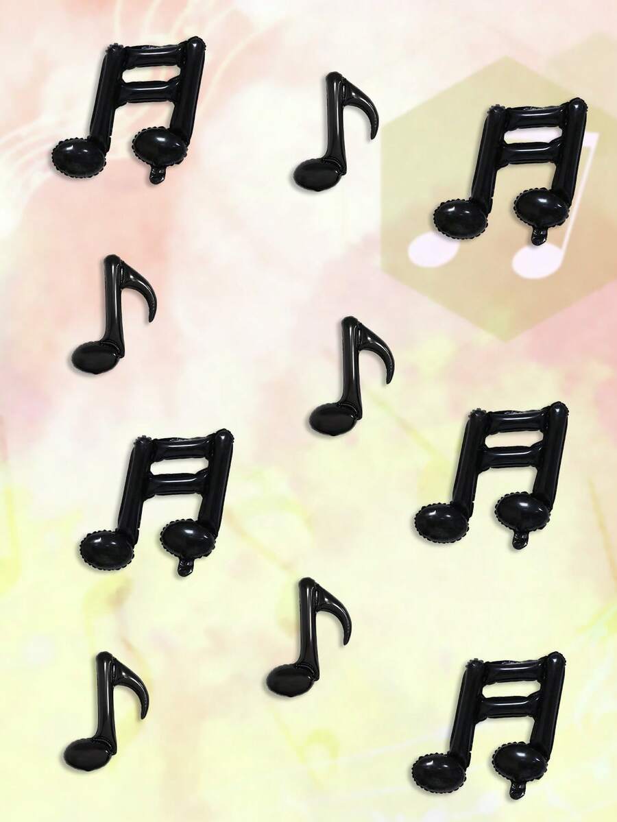 10pcs Black Music Note Foil Balloons Set, Single & Double Note Shaped Balloons Suitable For Birthday Party, Baby Shower, Disco Music Theme, Band Party, Celebration Decoration - Black - View 1
