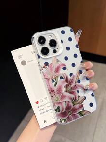 1 ốp lưng điện thoại trong suốt họa tiết hoa ly hồng và chấm bi xanh dương, mềm mại, bảo vệ toàn diện, phong cách nữ tính tươi tắn và dịu dàng, lựa chọn quà tặng tuyệt vời, tương thích với các dòng 17/17Pro/17ProMax/16/11/16Plus/16ProMax/16e/15ProMax/13/14/12/14ProMax/12ProMax/13ProMax/12Pro/13Pro/14Pro - Họa tiết hoa - Xem 5