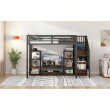 High bed 90x200 with TV stand outlet and safety conductor Stable metal-wood combination modern space-saving high bed 's bunk bed with practical storage space black - Schwarz + Metall + 90 cm * 200 cm - Übersicht 9