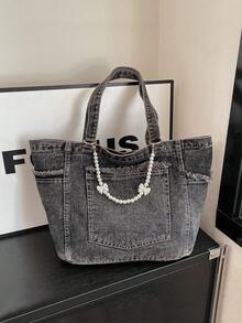 New Denim Large Capacity Tote Bag, Casual Versatile Shoulder Handbag, Underarm Carry Bag, Student School Bag - Black - View 5