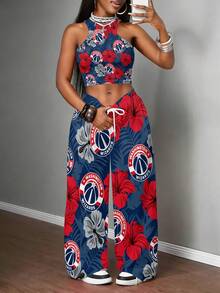 Washington-Wiz-Ards Women's Vest And Trousers Set Washington Wizards Floral Pattern Print 2pcs Vest Set, Basketball Team Women's 3D Print Vest Set, N-Ba Basketball Fans Fashion Sreet Vest Set - 彩色 - 查看 1