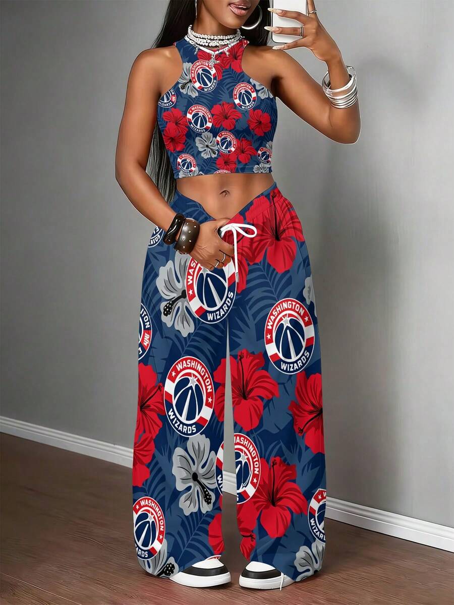 Washington-Wiz-Ards Women's Vest And Trousers Set Washington Wizards Floral Pattern Print 2pcs Vest Set, Basketball Team Women's 3D Print Vest Set, N-Ba Basketball Fans Fashion Sreet Vest Set - 彩色 - 查看 1