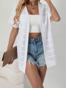 Casual Solid Color Mesh Hollow Short Sleeve Knitted Cardigan For Women, Summer Street Wear White - White - View 5
