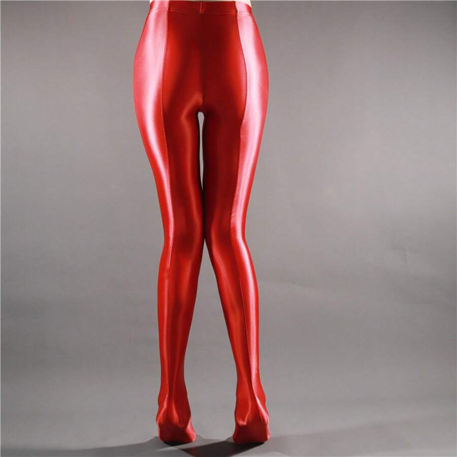 High Waist Sheer Opaque Glossy Yoga Dance Leggings Plus Size 7050 Seamless Footed Tights For Women - 酒紅色 - 查看 1