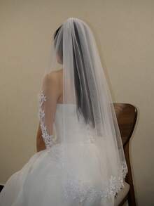 1件象牙色蕾丝薄纱新娘头纱，带梳子，婚纱配饰，白色及腰头纱，夏季，沙滩 - 白色 - 查看 2