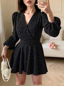 Vestido de mujer con cuello en V y mangas abullonadas, vestido de otoño, vestido de manga larga - Negro - Ver 1