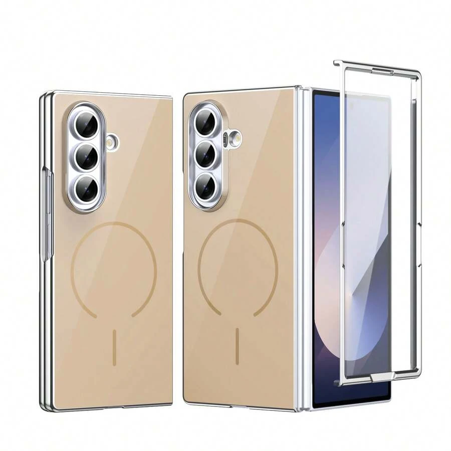 VIETAO Glass Back Panel Electroplated PC Magnetic Charging Phone Case Compatible With Samsung Galaxy Z Fold 4 5 6 7 Mobile Cover With Tempered Glass Screen Protector - Gold - View 1