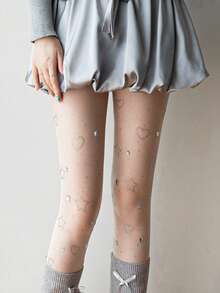1 Pair Silver Rhinestone Heart & Star Pattern Tights, With 3D Sequin Decor, Semi-Sheer Material, Suitable For Y2K, Lolita Style, Party Or Photo Shoot - Multicolor - View 2