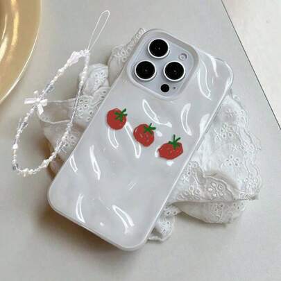 1 Set Fashionable Tomato Texture Phone Case With Bow Decor Bracelet, Featuring Attractive Cartoon Tomato Design With Wrinkle Texture, Providing Shock Protection And Soft Touch, Suitable For Daily Use