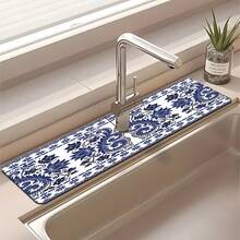 1pc Blue And White Porcelain Pattern Faucet Mat, Polyester, Quick Drying, Easy To Clean, Suitable For Kitchen And Bathroom, Easy Installation, Daily Decor, Gift, Bathroom Mat, Faucet Mat, Faucet Accessory - Multicolor - View 4