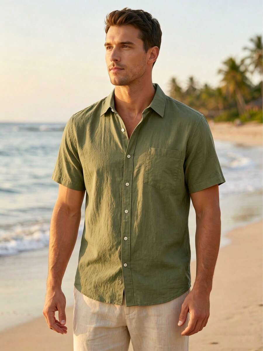 Hawaiian Style Linen Loose Casual Men's Henley Collar Short Sleeve Shirt - Army Green - View 1