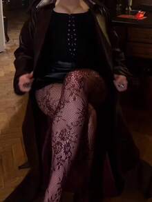 1双女士复古酒红色性感透明条纹渔网连裤袜，性感美腿袜 - 酒紅色 - 查看 4