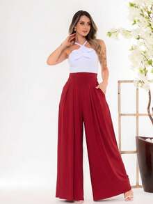 Wide-Leg, Loose-Fitting Palazzo Pants In Viscose/Lycra Knit Fabric With A Wide Waistband And High Waist And Pleats. - Merah ceri - View 6