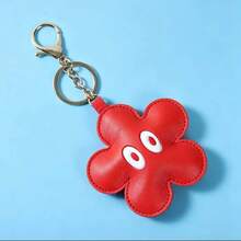 1Pc Cute Red Flower Shaped Leather Keychain, Funny Face Bag Charm, Sweet Accessory For Girls - Multicolor - View 3