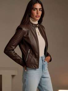 Giolshon Women's Autumn/Winter PU Leather Jacket, Street Style Design With Zipper Pockets, Suitable For Urban Commuting And Travel, Combining Fashion And Practicality - Dark Brown - View 4
